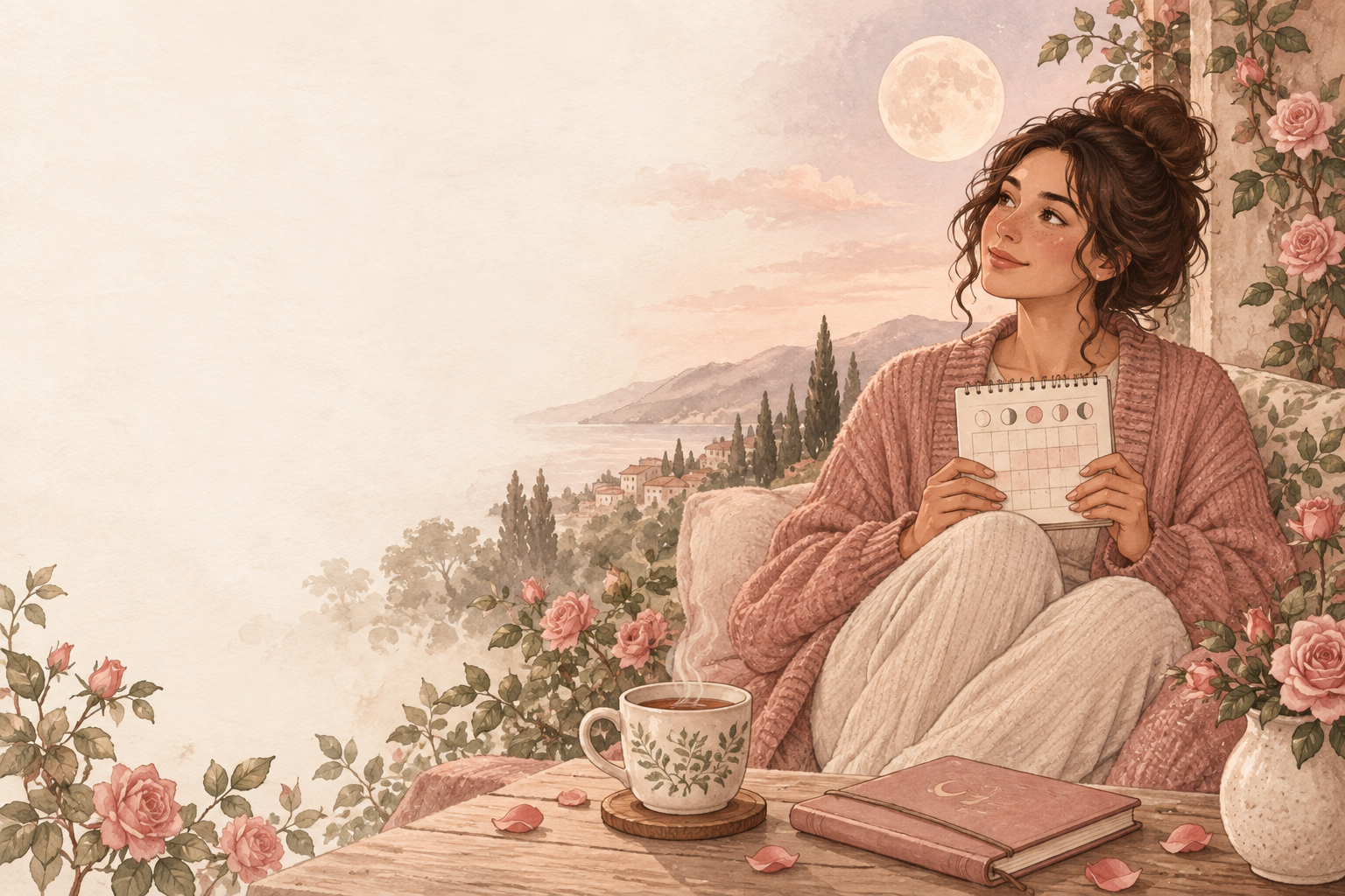A woman holding a cycle calendar among roses and a moon