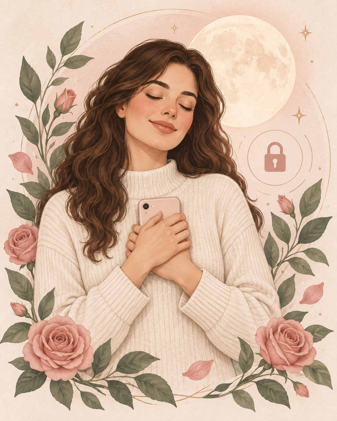 A woman holding her phone with a privacy lock, moon, and roses