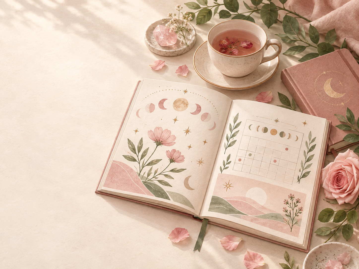 An illustrated wellness guidebook with a calendar, tea, rose, and moon